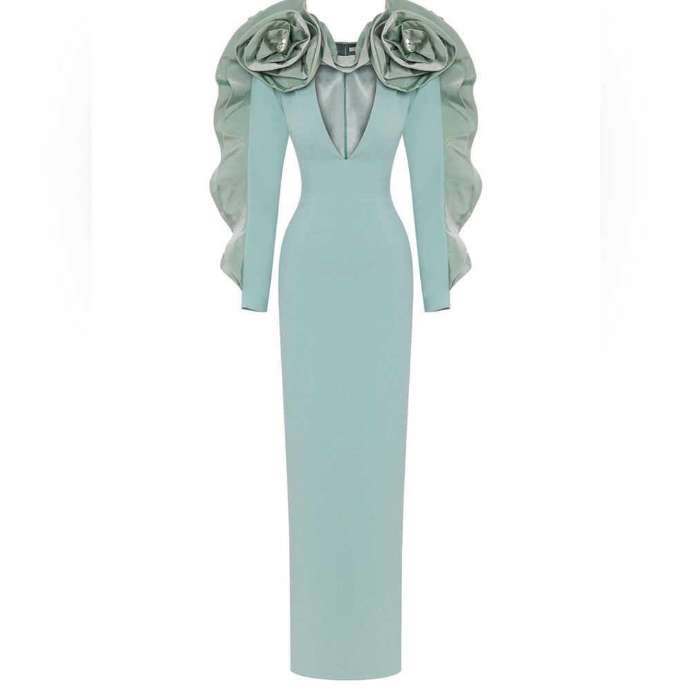 NWT long sleeve dress seafoam gown w/ deep Vneck extravagant taffeta roses XS - Picture 3 of 14